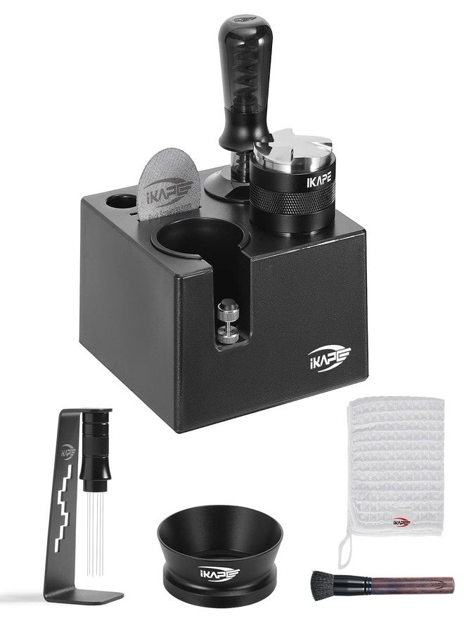IKAPE 53MM Black Espresso Tool Set 8 IN 1, Coffee Tamper, Distributor, Magnetic Funnel, Puck Screen, Tamper Station, Stirrer Distribution Tool, Cleaning Towel and Brush - Image 1
